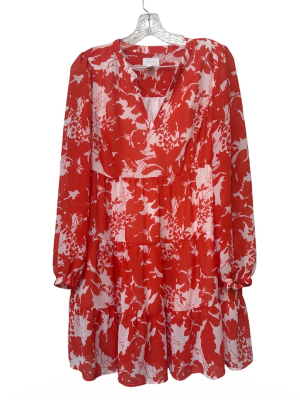 Orange Red Floral Tiered Boho Romantic Balloon Sleeve Dress S
